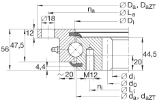 四點接觸球軸承 VLI200944-N, 輕系列 20， 內部的齒輪齒，兩側唇密封
