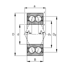 角接觸球軸承 3007-B-2RSR-TVH, 雙列，雙側(cè)唇密封，接觸角 α = 25°